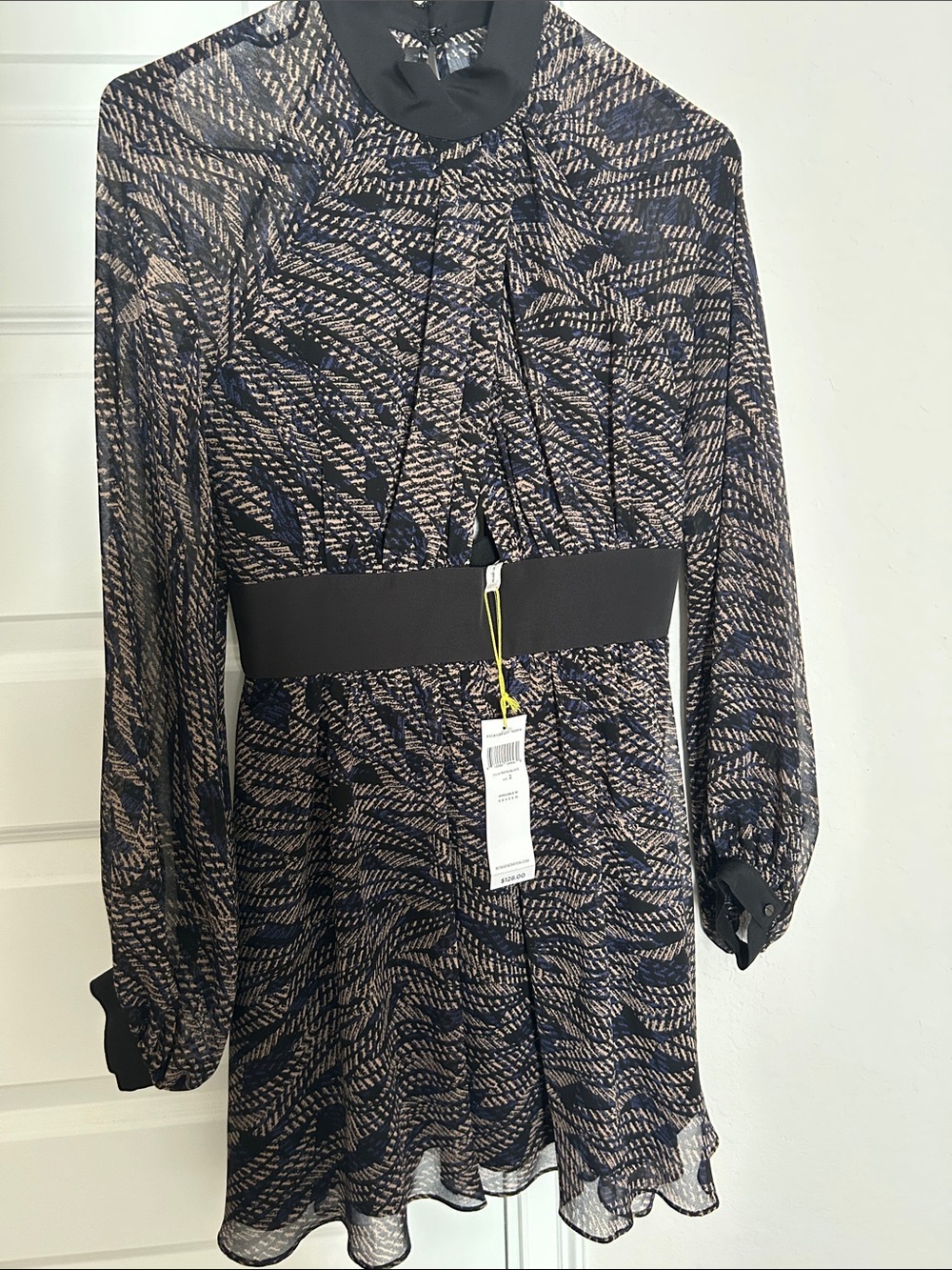 NWT! BCBG Woven Pattern Long-Sleeve Mini Cut-Out Dress in Navy, Beige & Black